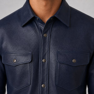 men's navy cowhide leather shirt MLSH 810038 collar and pocket detail