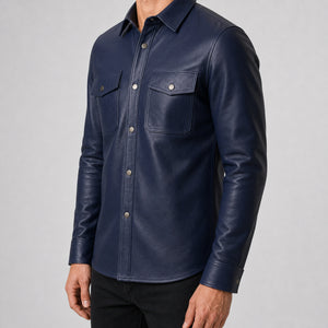 men's navy cowhide leather shirt MLSH 810038 side angle