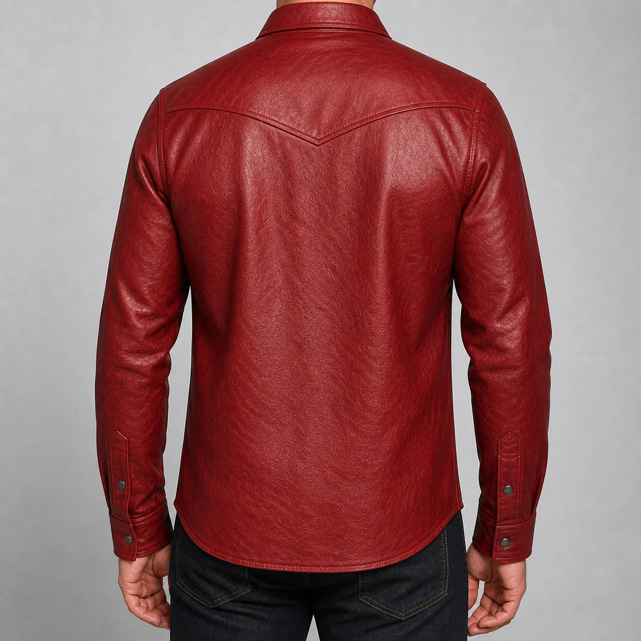 men's red cowhide leather western shirt MLSH 810039 back view