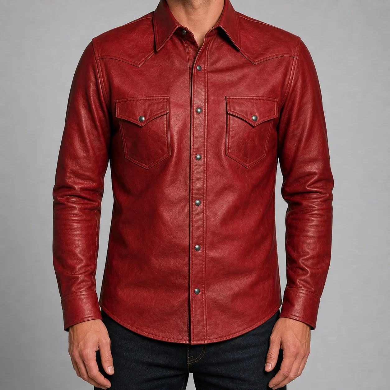 men's red cowhide leather western shirt MLSH 810039 straight front view