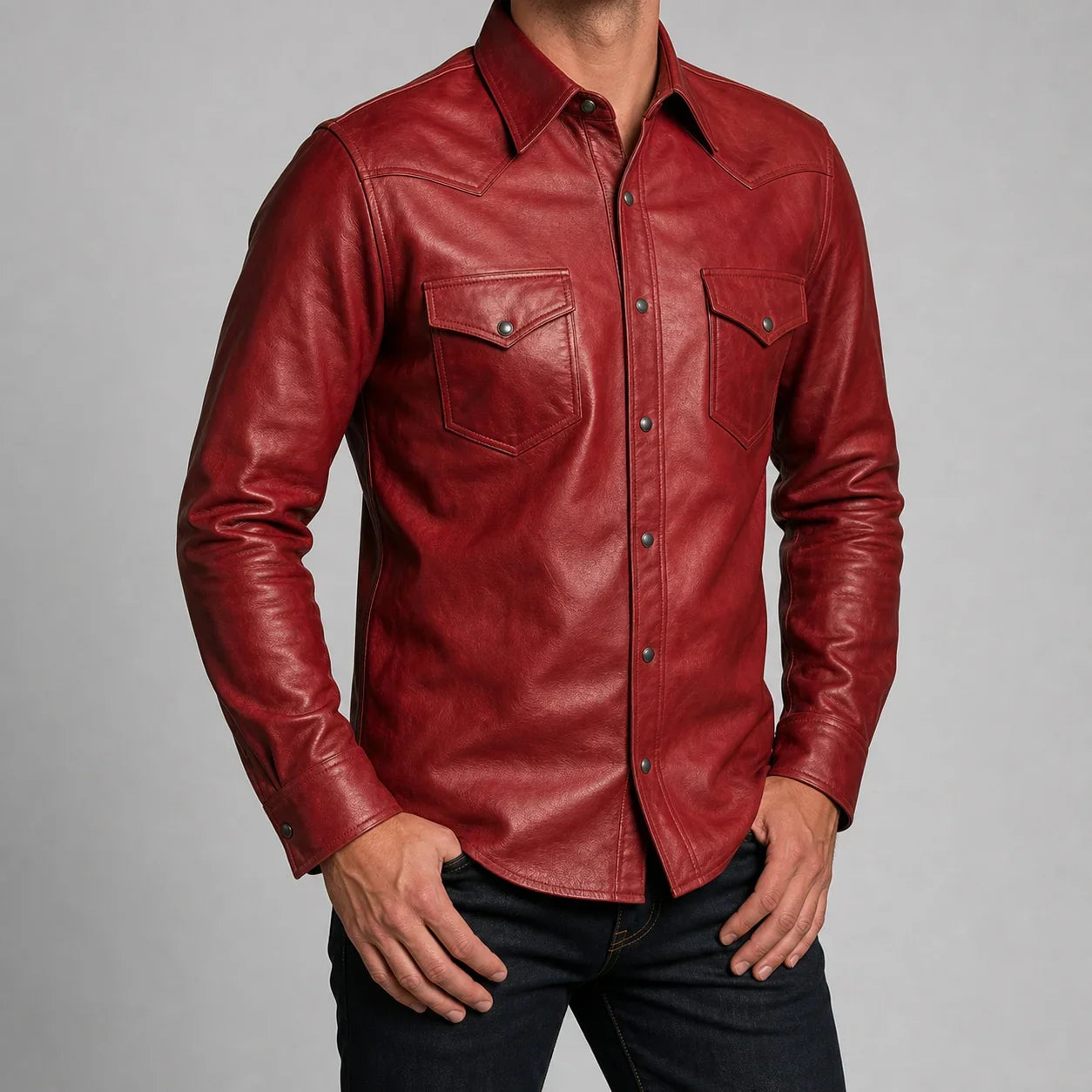 men's red cowhide leather western shirt MLSH 810039 main front view