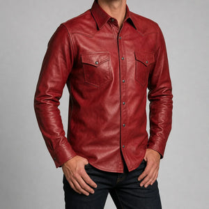 men's red cowhide leather western shirt MLSH 810039 main front view