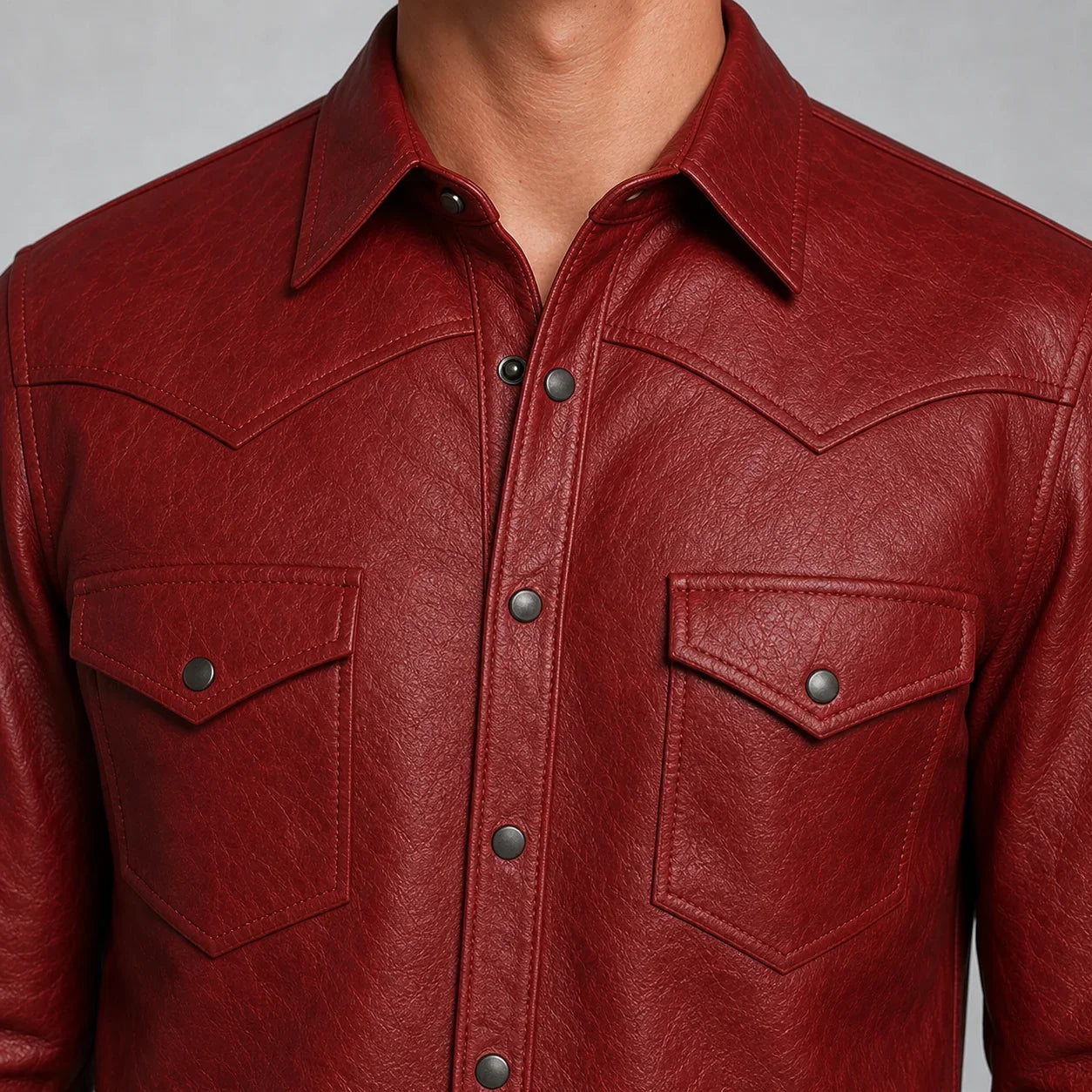 men's red cowhide leather western shirt MLSH 810039 collar and pocket detail