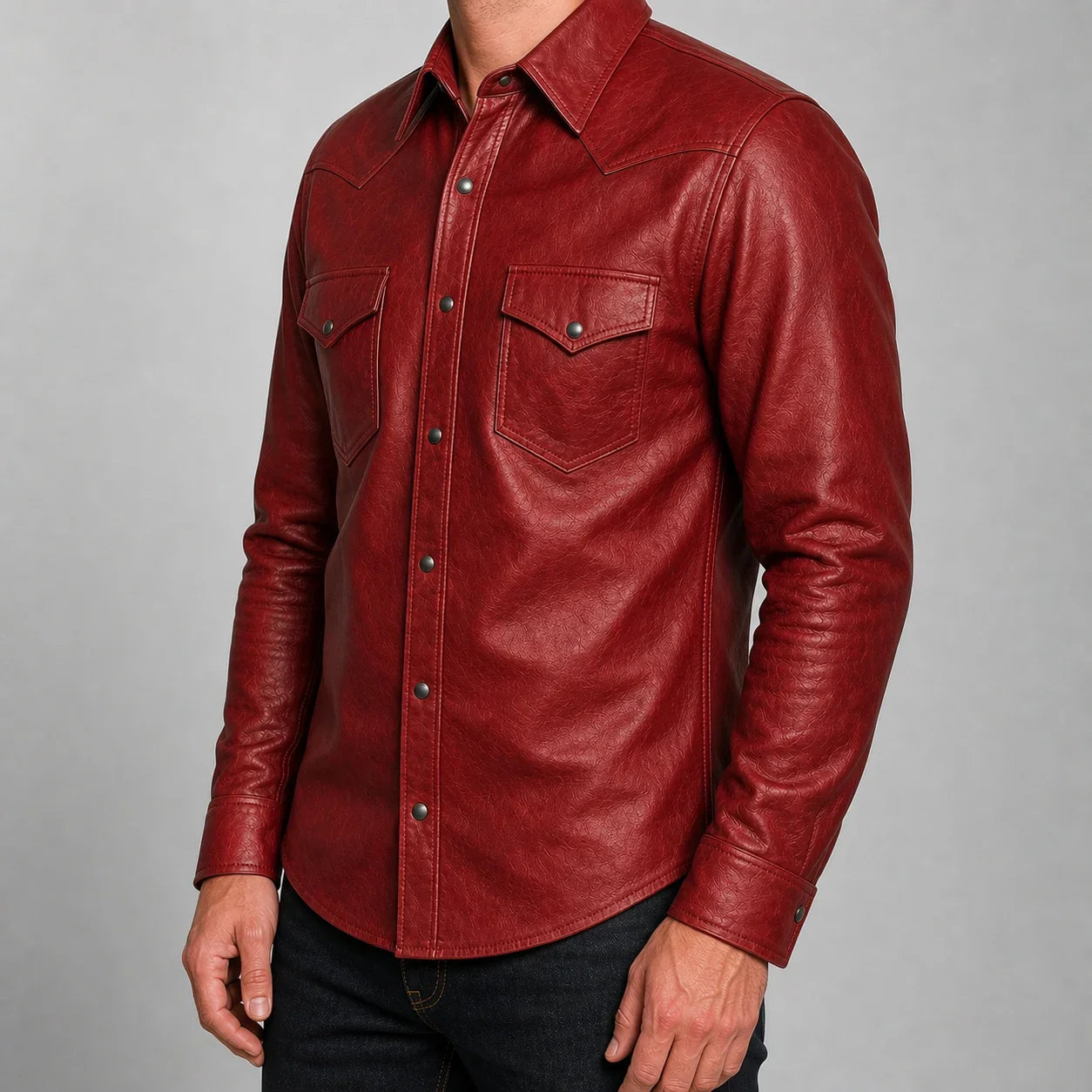 men's red cowhide leather western shirt MLSH 810039 side angle