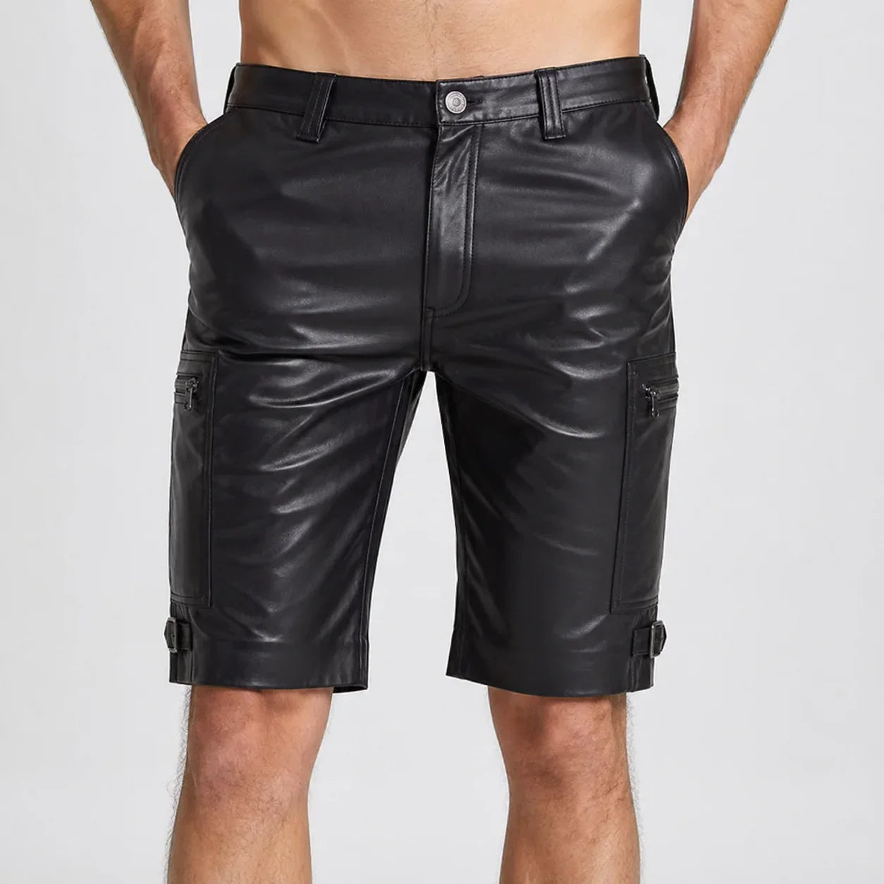 Men's black genuine leather shorts with zipper pockets and belt loops