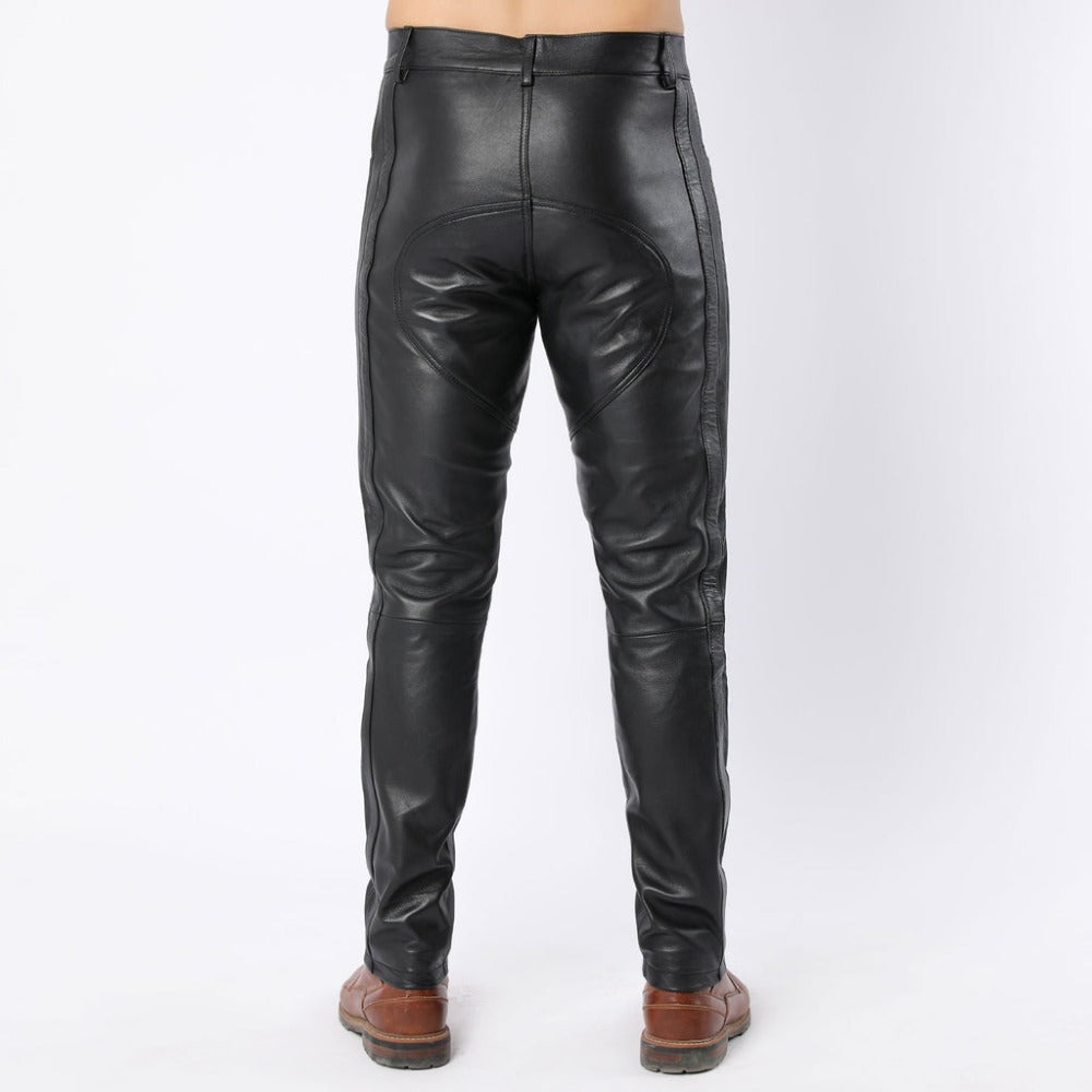 Men Black Sheep Leather Pants with Side Panel and Double Button Closure - TheBougees
