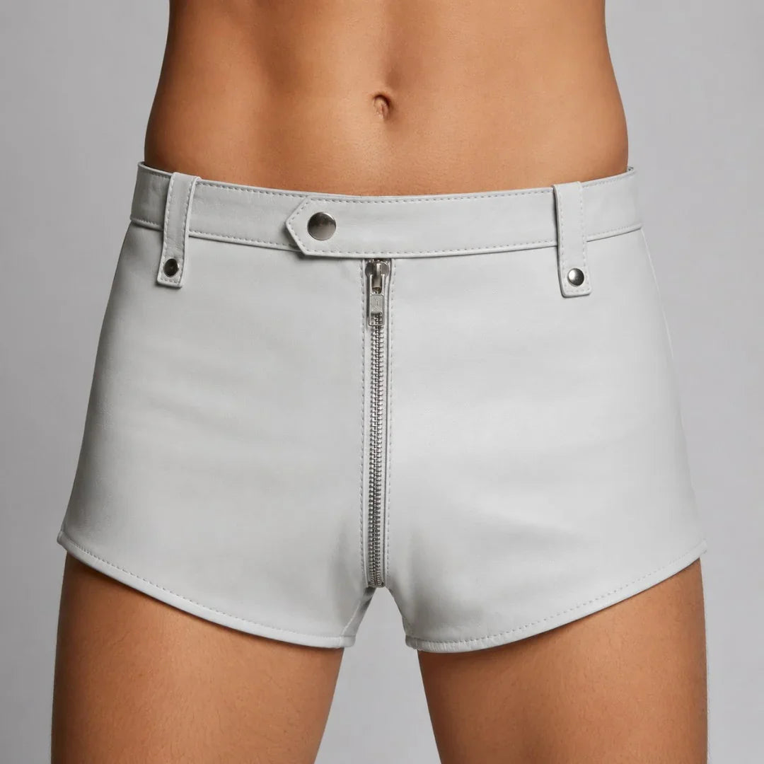 White leather shorts with front zipper and belt loops for women