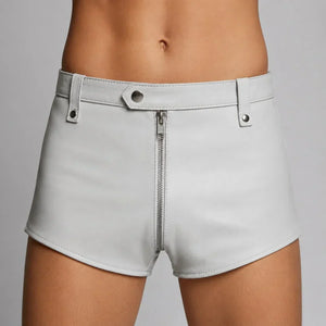 White leather shorts with front zipper and belt loops for women