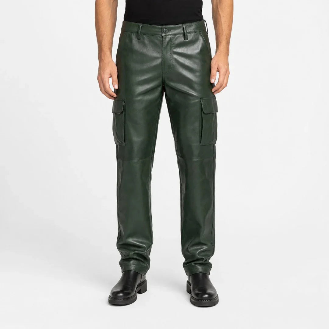 mens green leather cargo pants MP 97005 28 28