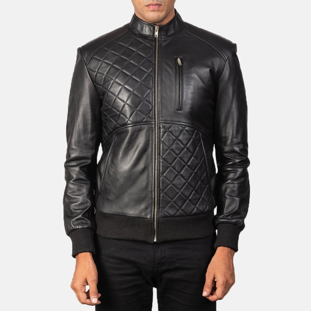 Black Leather Quilt Design Bomber Jacket - TheBougees