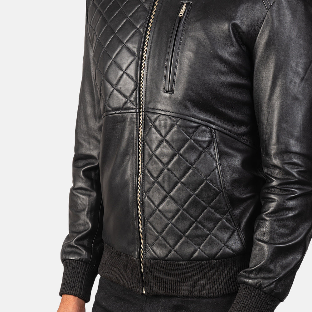 Black Leather Quilt Design Bomber Jacket - TheBougees