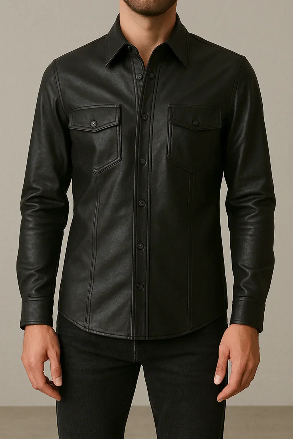 leather jacket dress shirt Slim Fit Stand Collar Tan Brown 100% Leather Coat L / S / Tan Brown