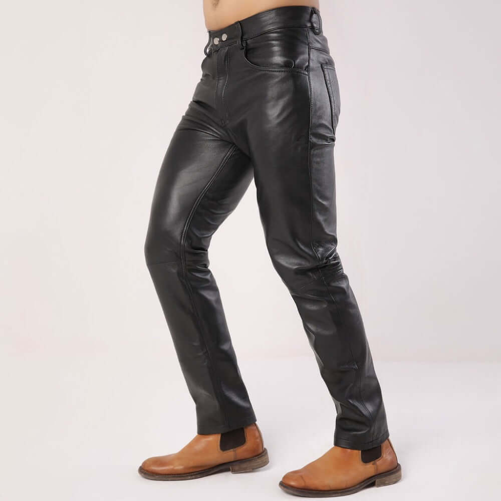 Men's Plain Black Leather Pants - TheBougees