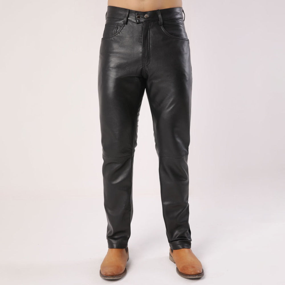 Men's Plain Black Leather Pants - TheBougees