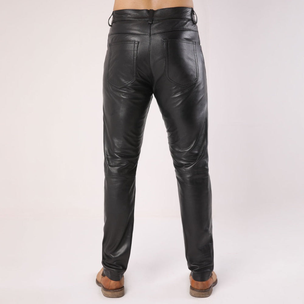 Men's Plain Black Leather Pants - TheBougees