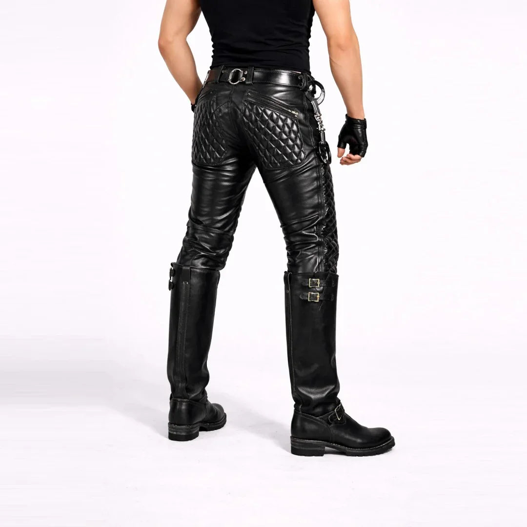 Quilted black leather pants with diamond pattern detailing, worn by a person in boots