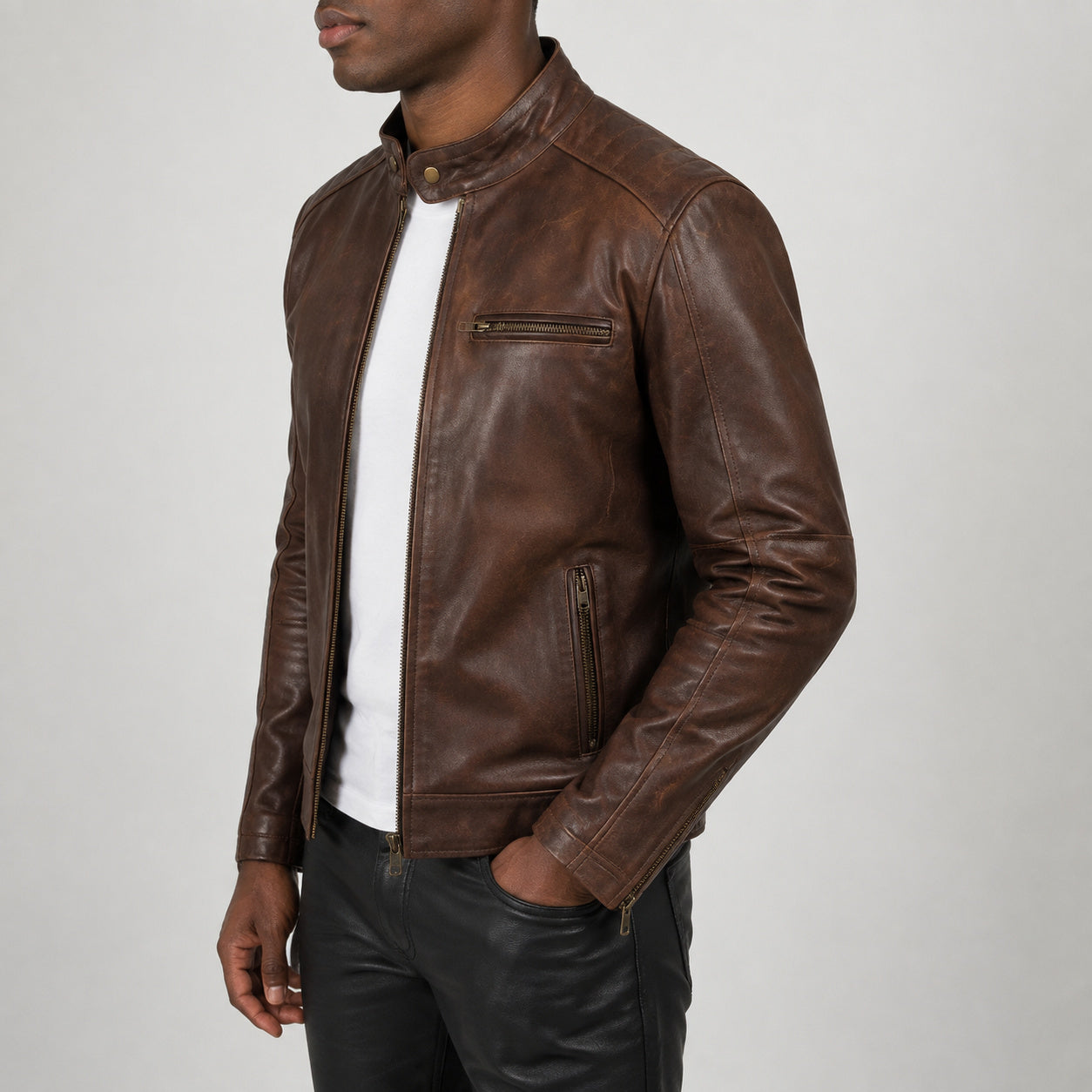 Chocolate brown leather jacket SLJ-002 side view size 2XS