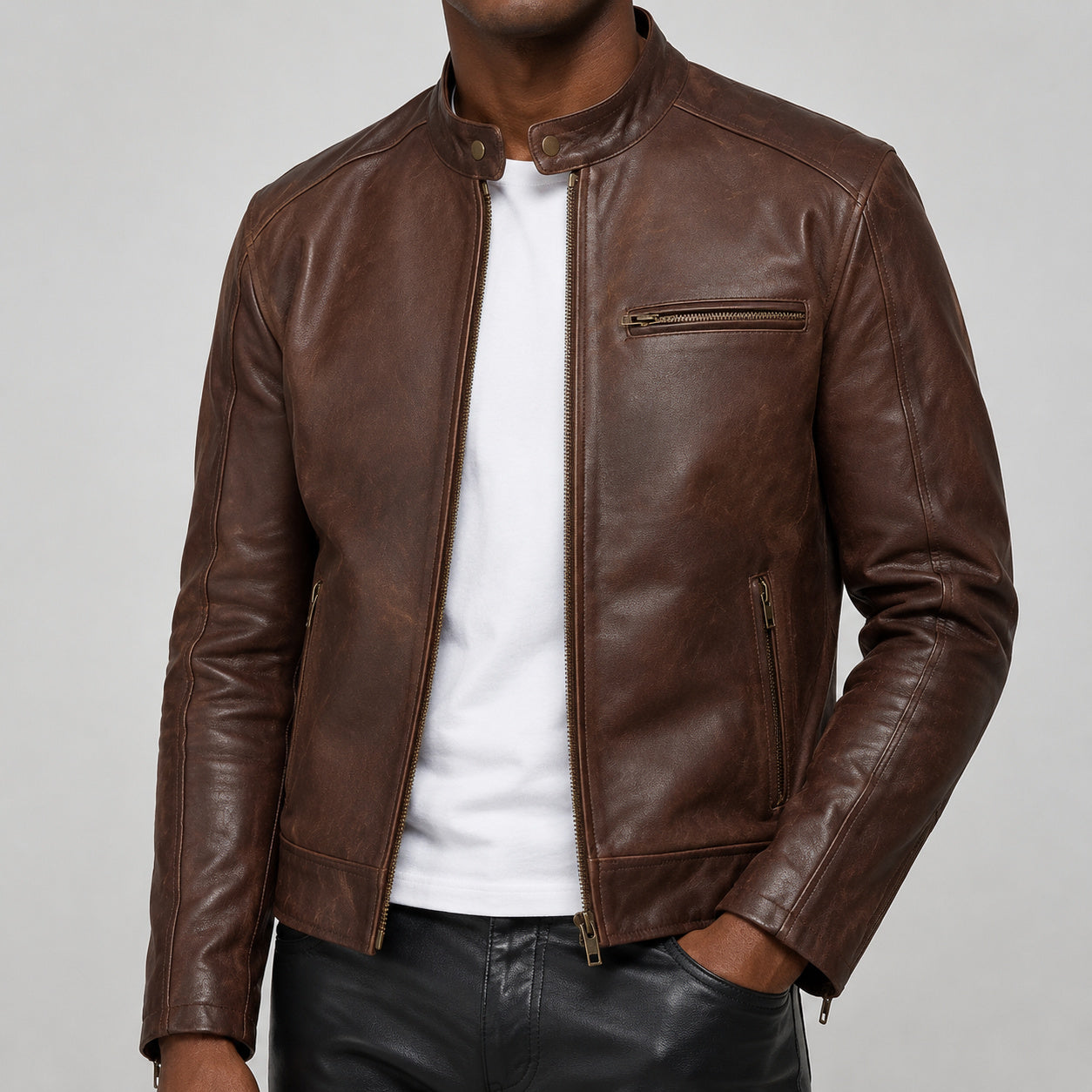 Chocolate brown leather jacket SLJ-002 zipper detail size 2XS
