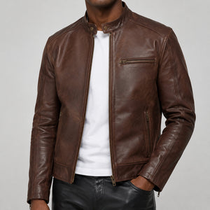 Chocolate brown leather jacket SLJ-002 zipper detail size 2XS