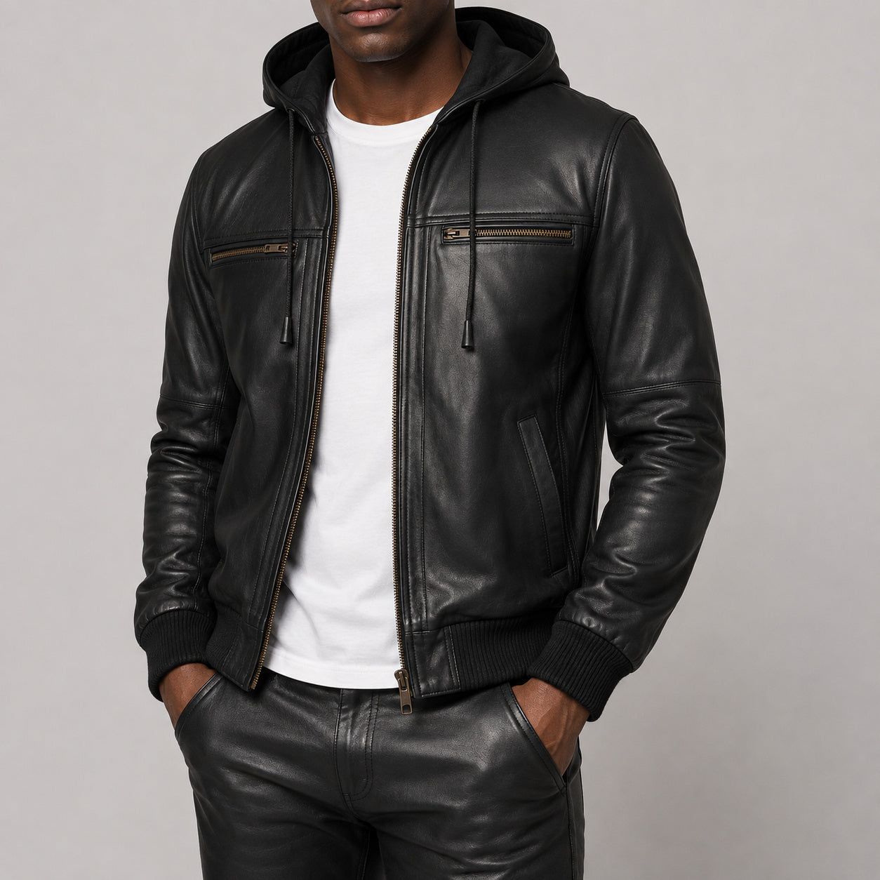 hooded black leather bomber jacket