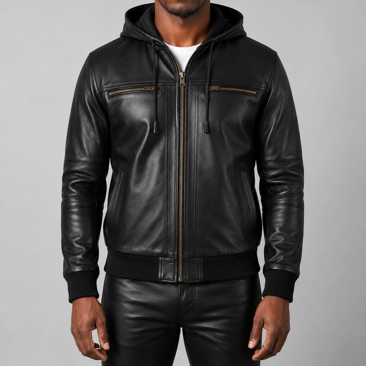 hooded black leather bomber jacket SLJ-003 2XS