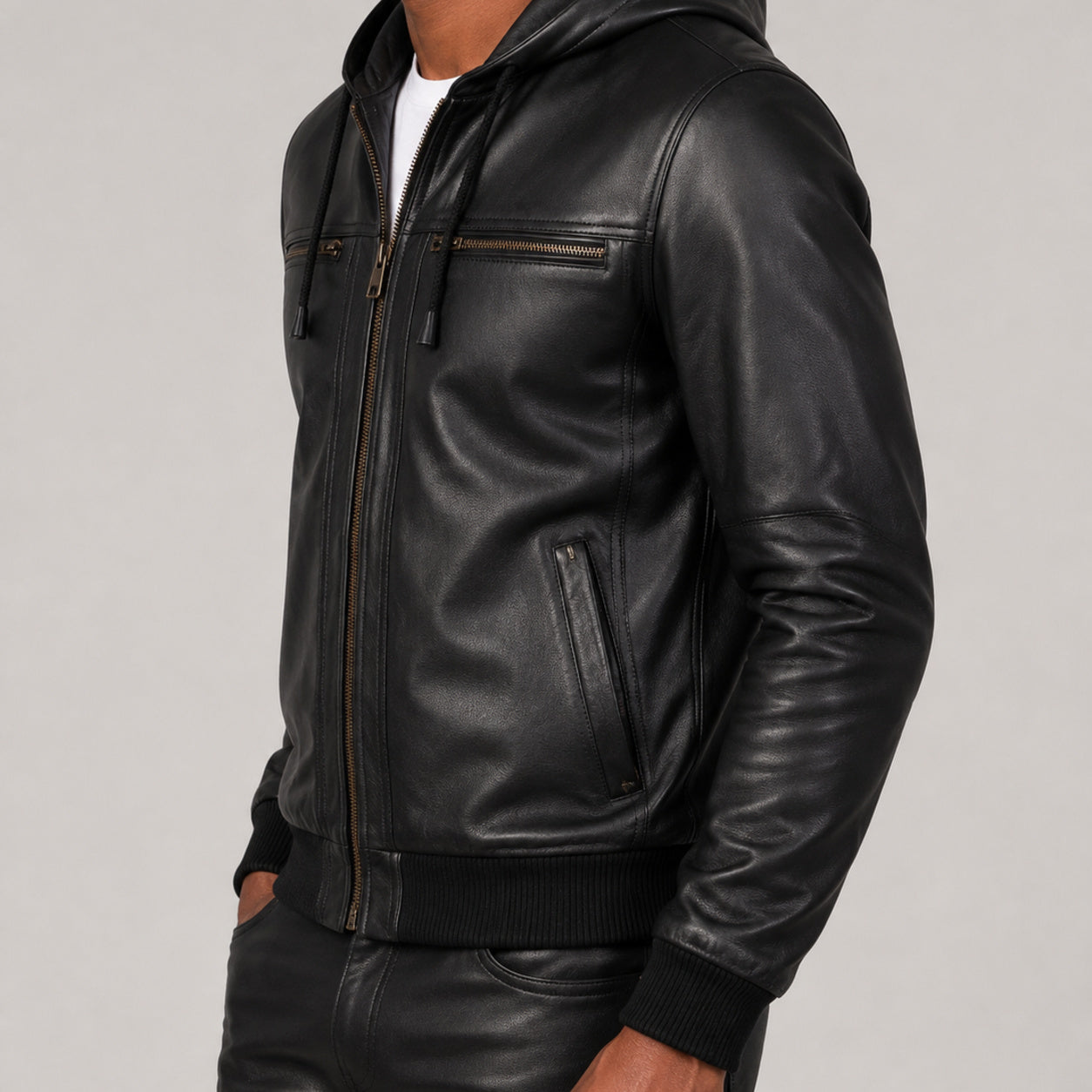 hooded black leather bomber jacket SLJ-003 2XS