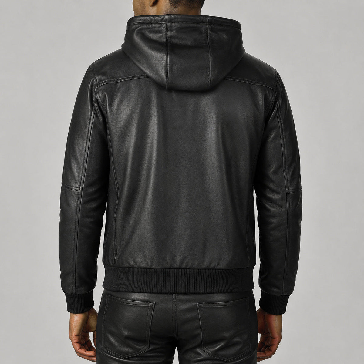 hooded black leather bomber jacket SLJ-003 2XS