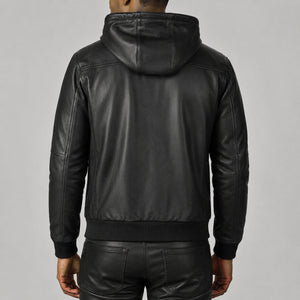 hooded black leather bomber jacket SLJ-003 2XS