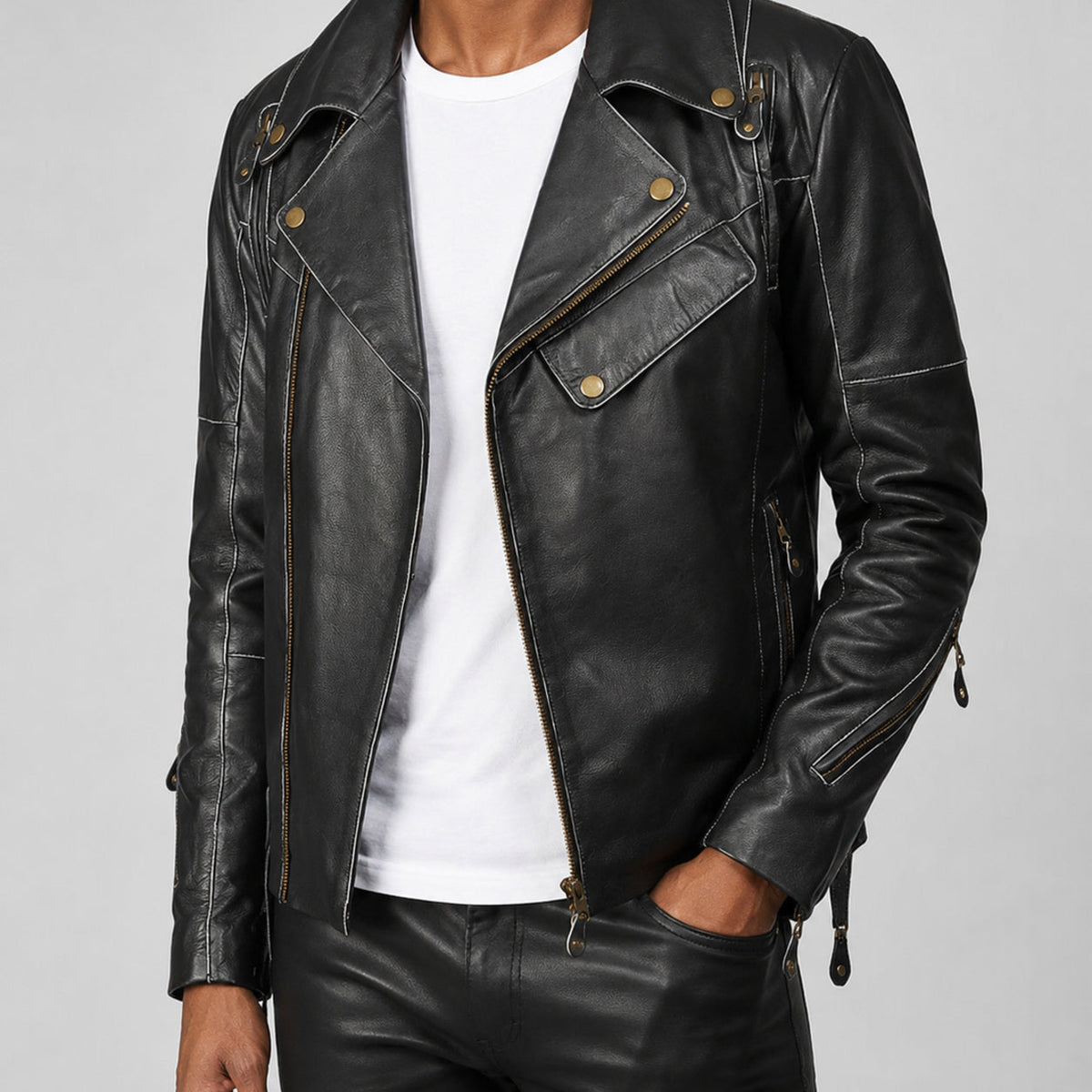 Black asymmetrical biker leather jacket SLJ-004 on male model