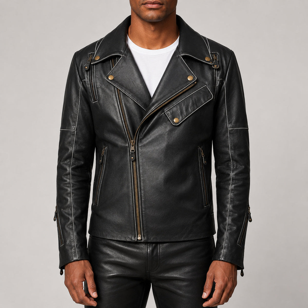Black asymmetrical biker leather jacket SLJ-004 front view size 2XS