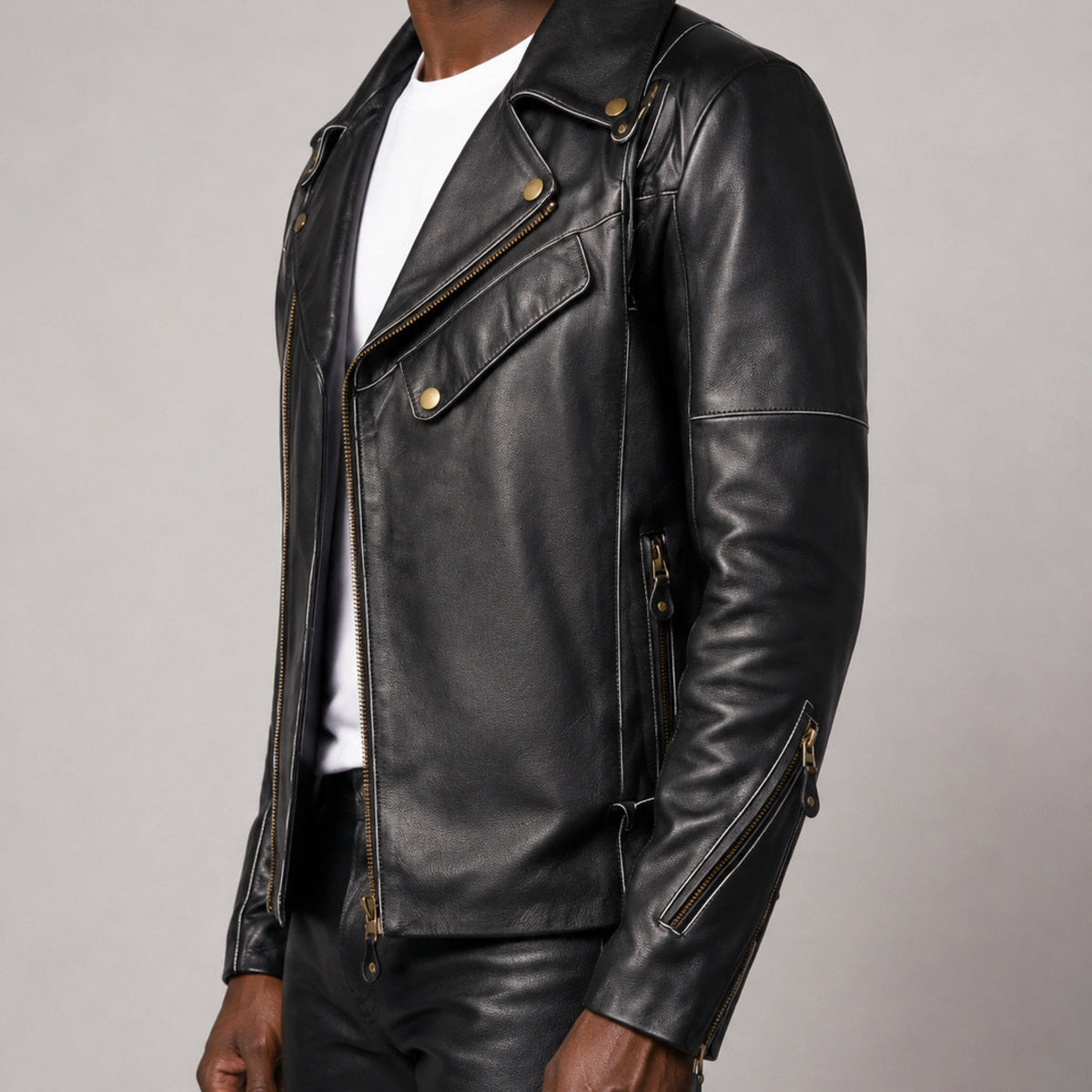Black asymmetrical biker leather jacket SLJ-004 side view size 2XS