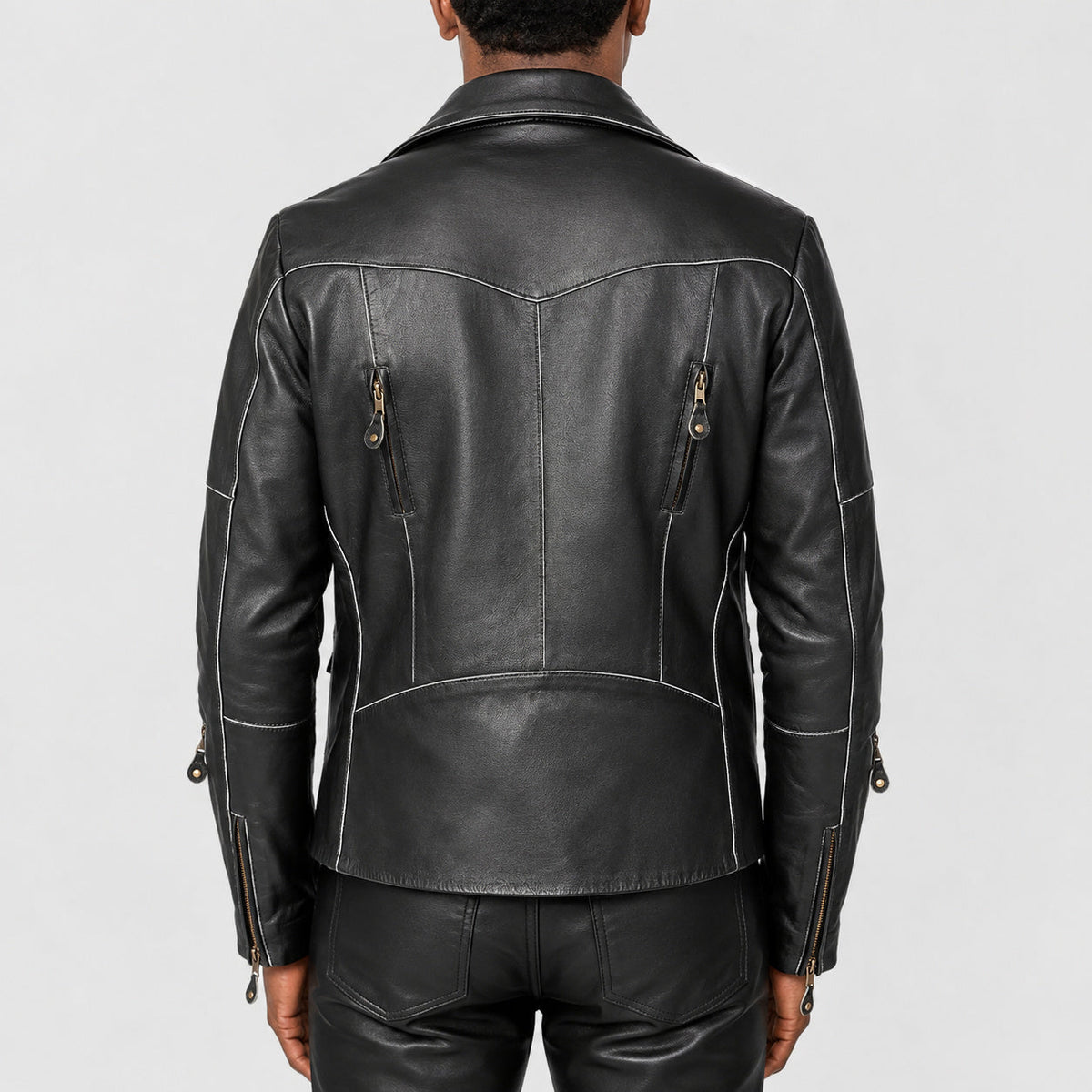 Black asymmetrical biker leather jacket SLJ-004 back zipper view size 2XS