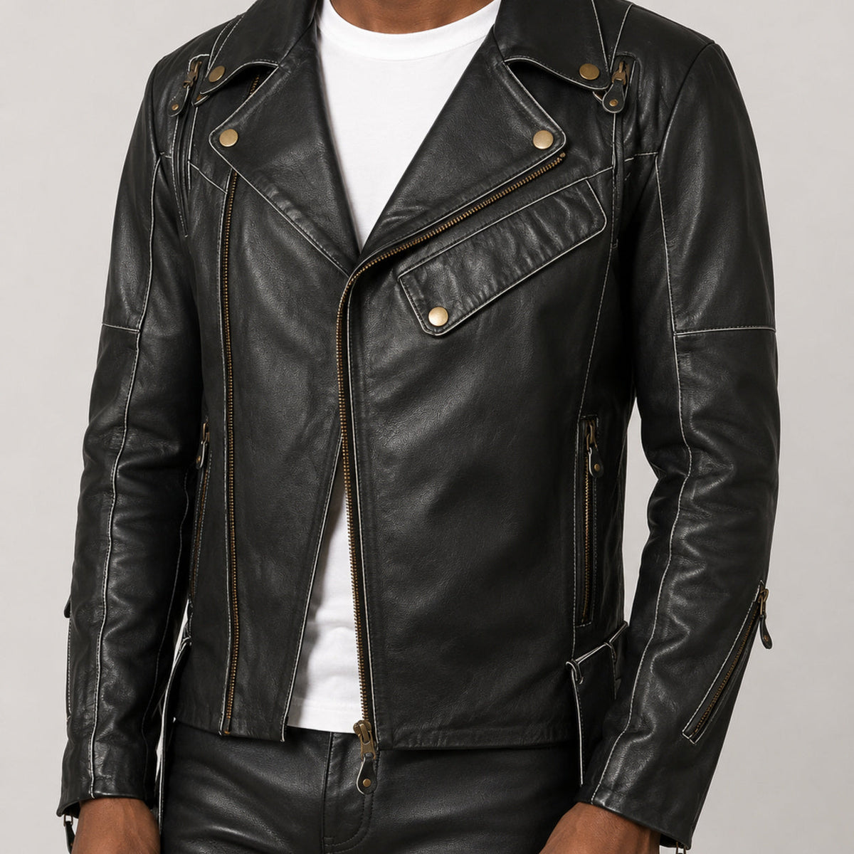Black asymmetrical biker leather jacket SLJ-004 lapel and zipper detail size 2XS