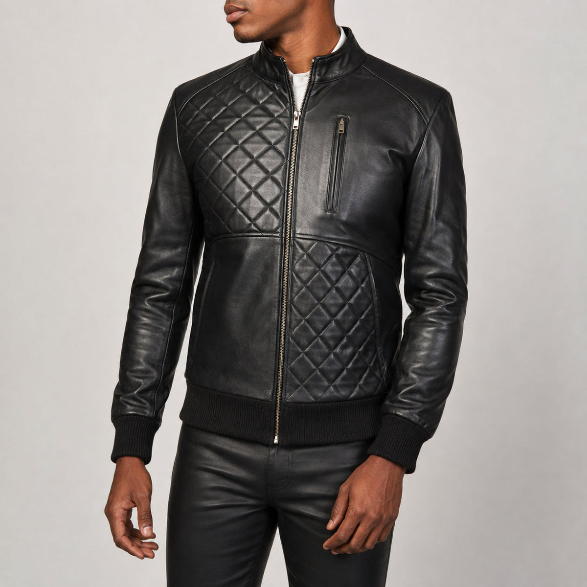 black quilted leather bomber jacket