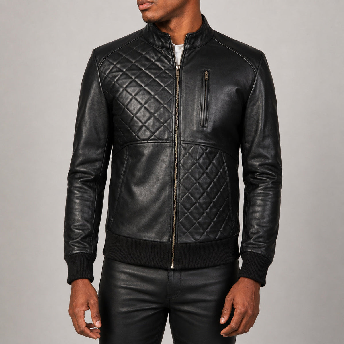 black quilted leather bomber jacket SLJ-256 2XS