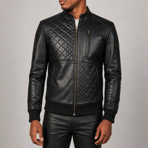 black quilted leather bomber jacket SLJ-256 2XS
