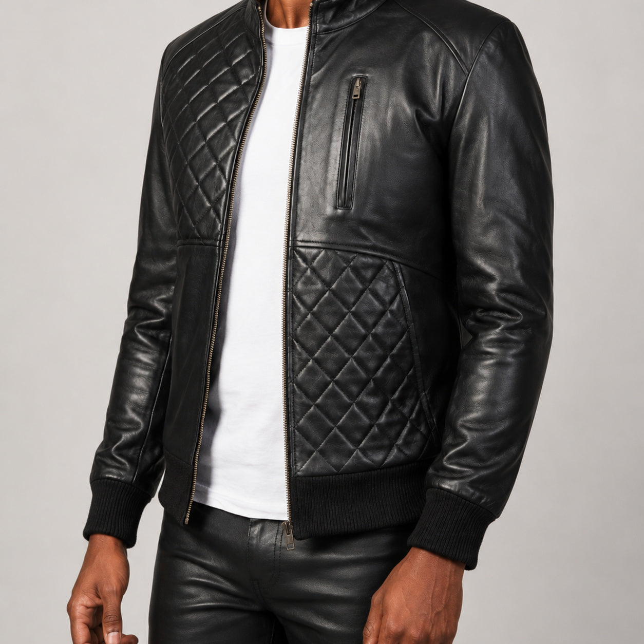 black quilted leather bomber jacket SLJ-256 2XS