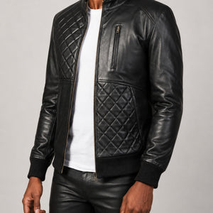 black quilted leather bomber jacket SLJ-256 2XS