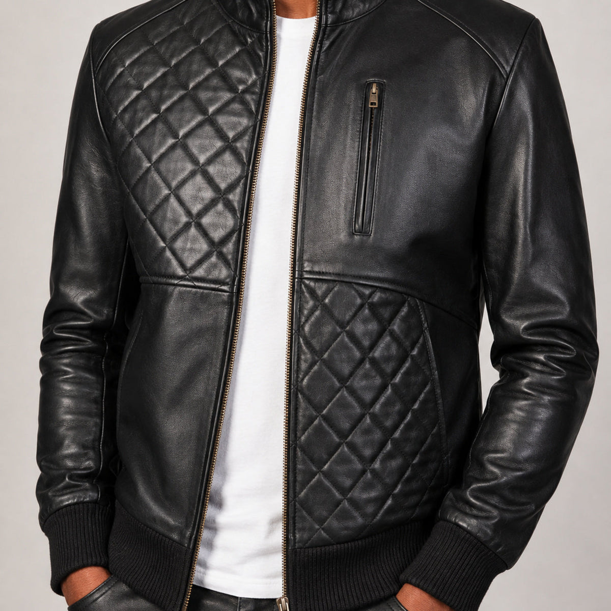black quilted leather bomber jacket SLJ-256 2XS