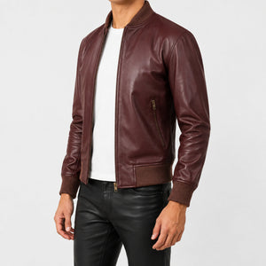 maroon leather bomber jacket