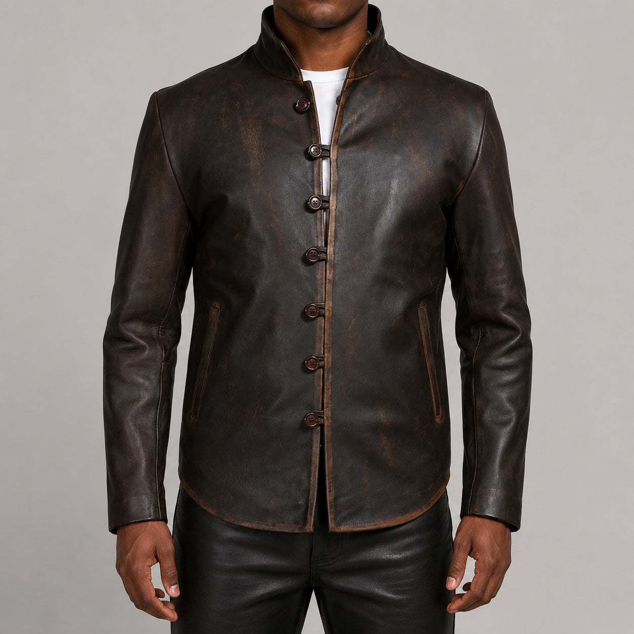 Distressed brown button leather jacket SLJ-270 front view size 2XS