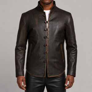 Distressed brown button leather jacket SLJ-270 front view size 2XS