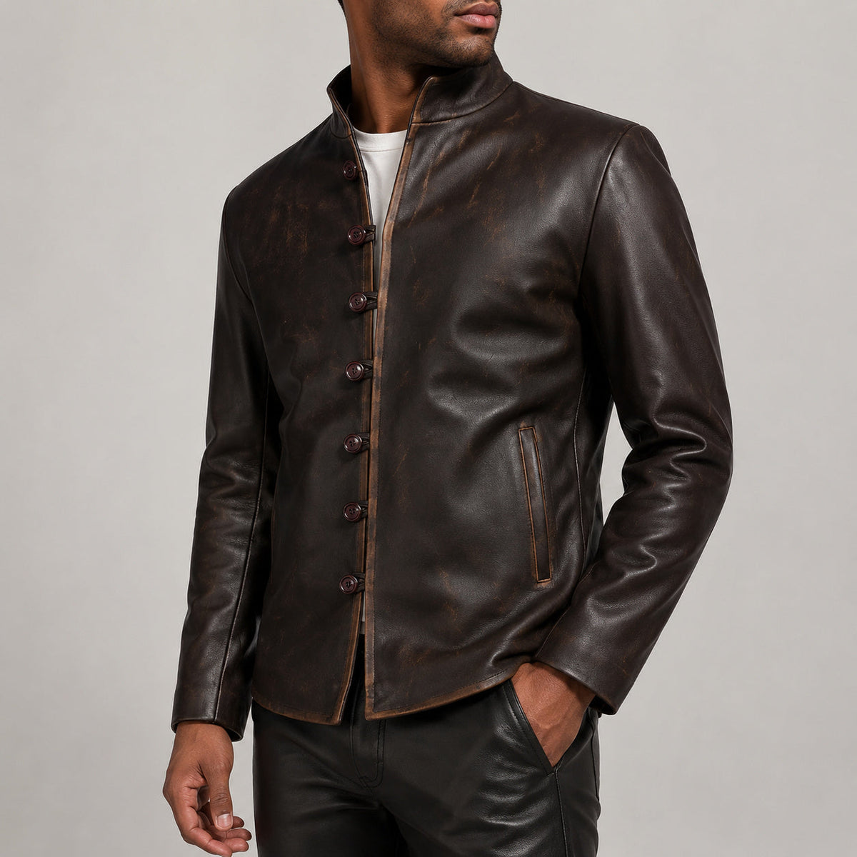 Distressed brown button leather jacket SLJ-270 side view size 2XS