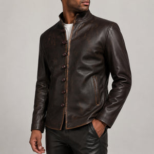 Distressed brown button leather jacket SLJ-270 side view size 2XS