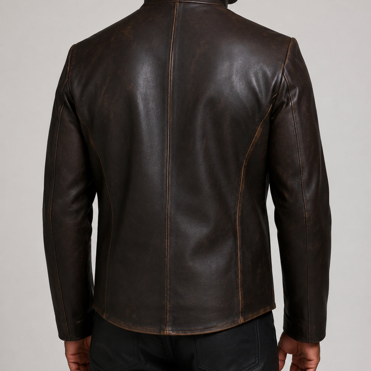 Distressed brown button leather jacket SLJ-270 back seam view size 2XS