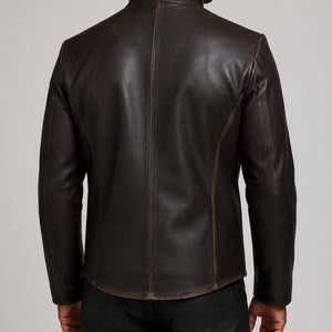Distressed brown button leather jacket SLJ-270 back seam view size 2XS