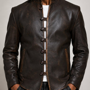 Distressed brown button leather jacket SLJ-270 button closure detail size 2XS
