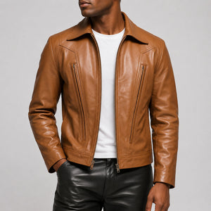 Camel brown leather jacket SLJ-300 on male model