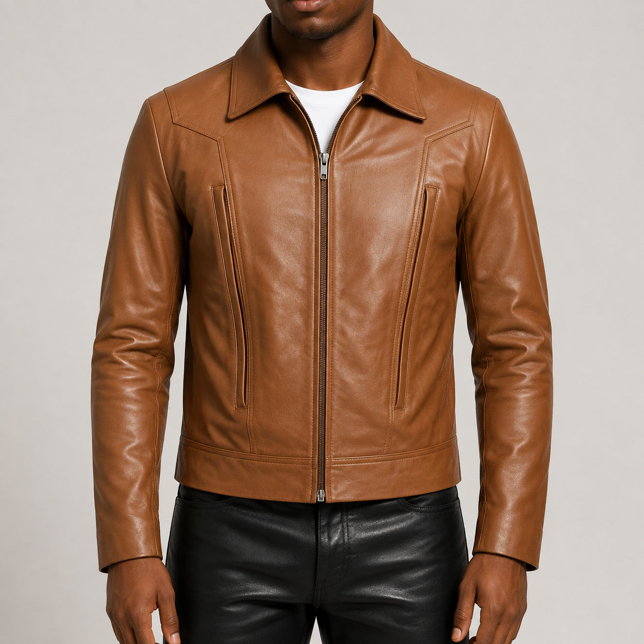 Camel brown leather jacket SLJ-300 front view size 2XS