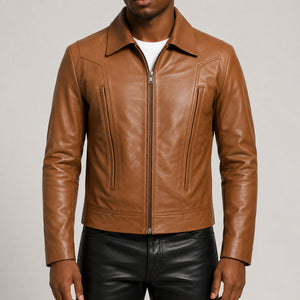 Camel brown leather jacket SLJ-300 front view size 2XS